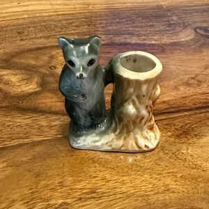 Vintage Mid Century Gray Black Bear Figurine with Tree Stump Toothpick Holder